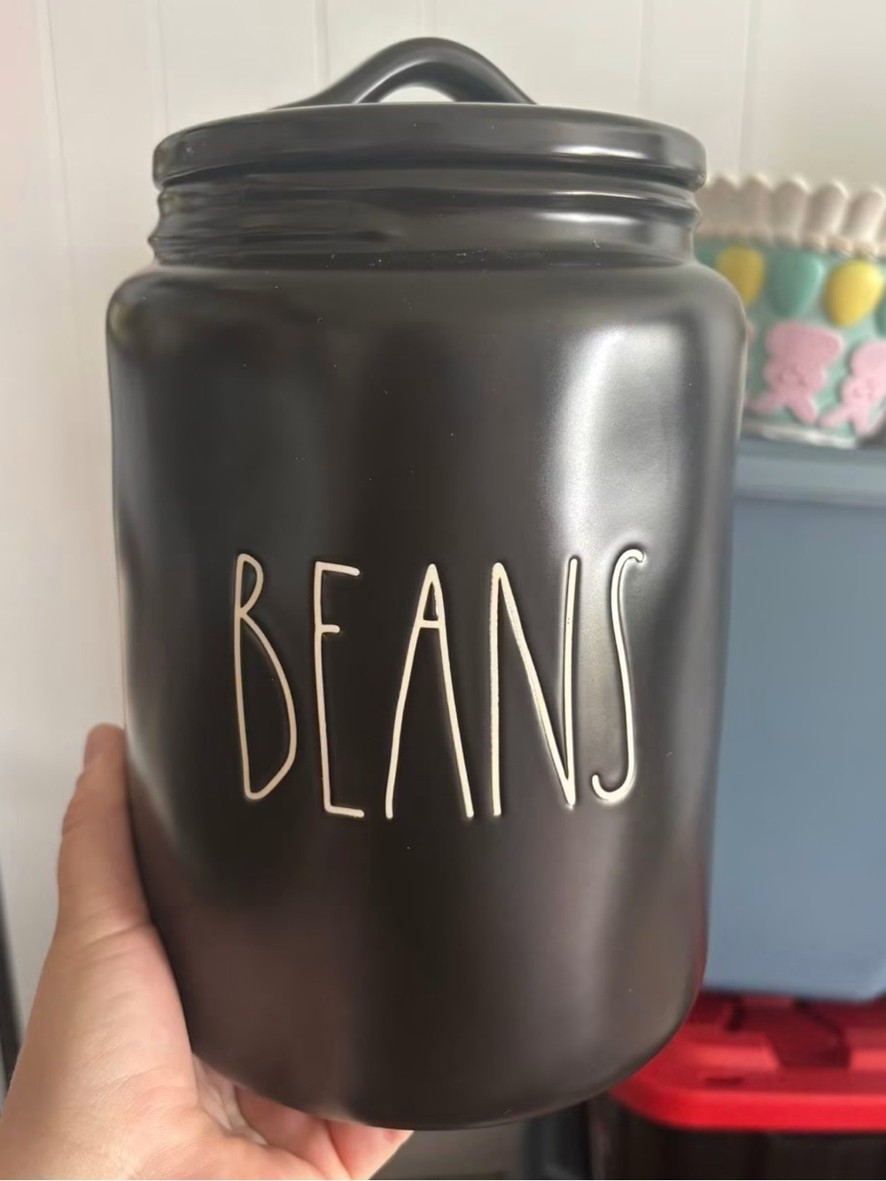 Rae Dunn Black Ceramic 'BEANS' Canister with White Lettering